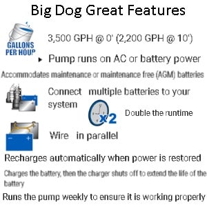 Pictured are then Great Features of the Watchdog Battery Backup sump pump Big Dog. 